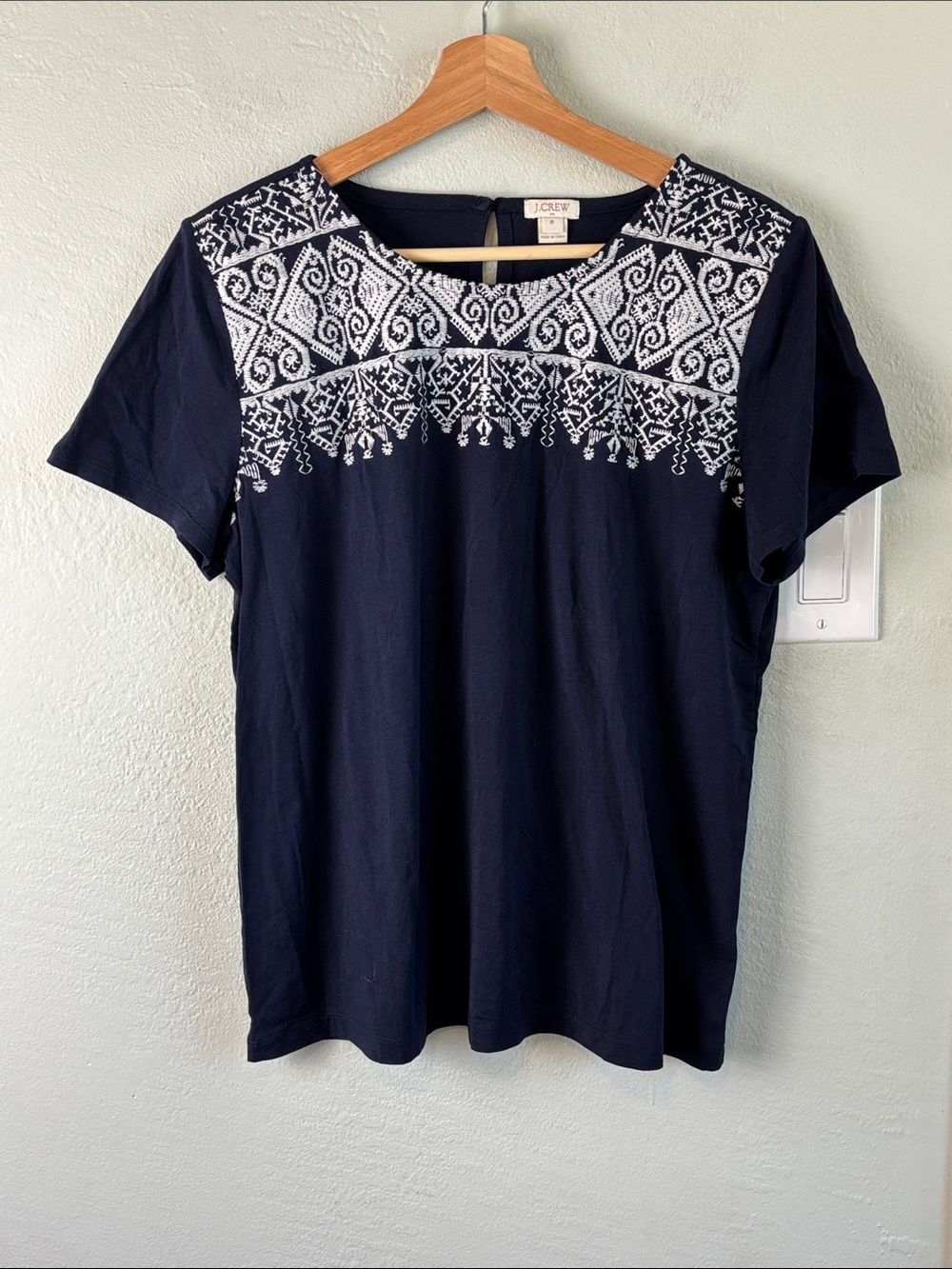 J. Crew Navy Tee with White Embroidered Yoke